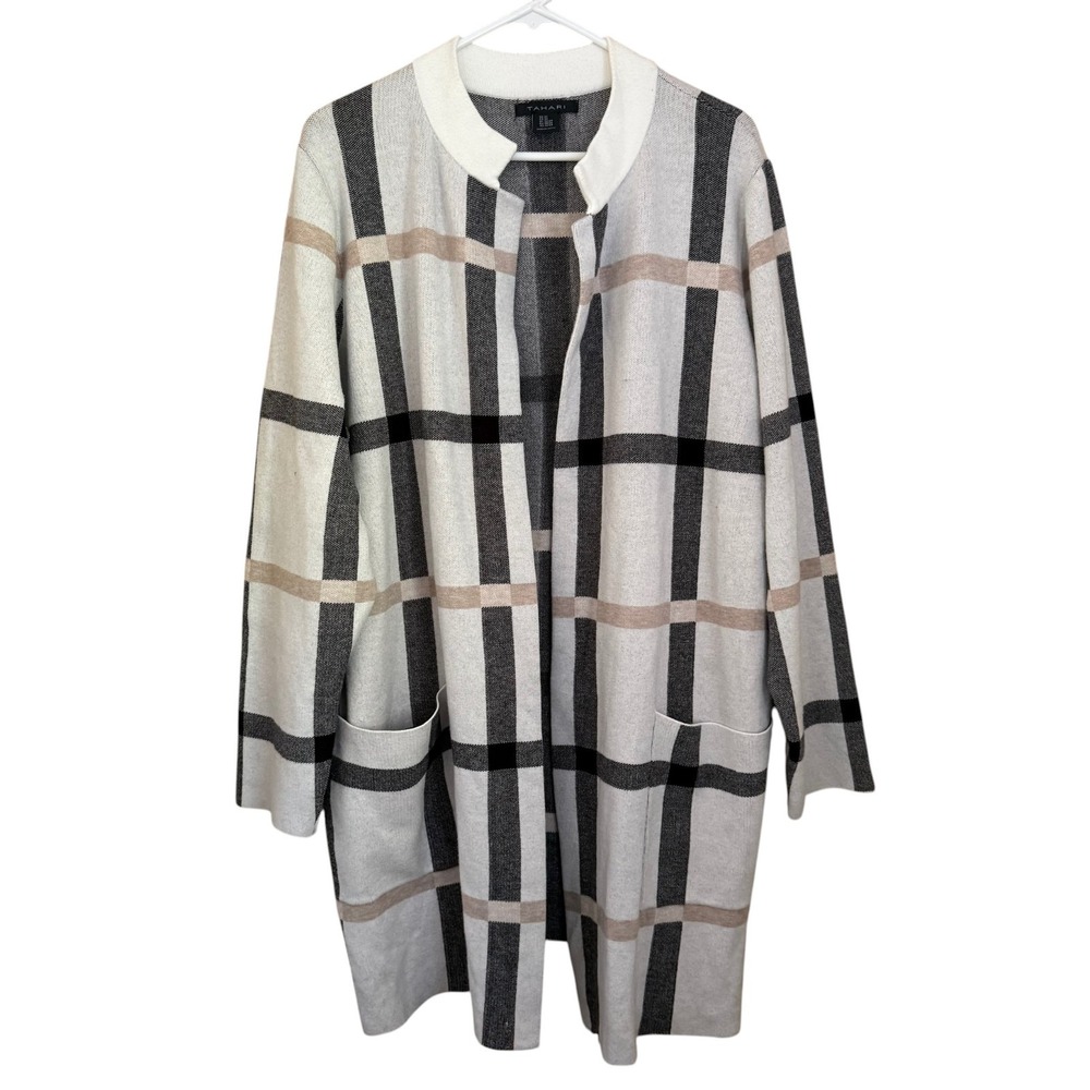 Tahari Plaid Longline Cardigan 2X Open Front Pockets Academia Quiet Luxury Prep